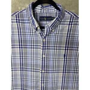 Ralph Lauren Mens XL Blue White Plaid Short Sleeve Button Down Shirt Classic Fit